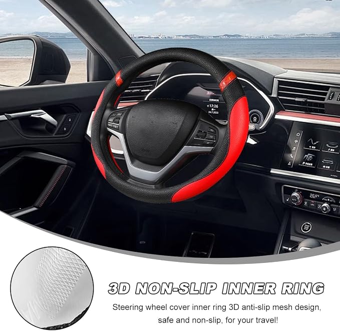 Car Steering Wheel Cover, 15 Inch Premium Leather Breathable Non-Slip Wheels Wrap, Universal Auto Comfortable Steering Wheel Protector for SUV Truck Van, Car Accessories (Red)