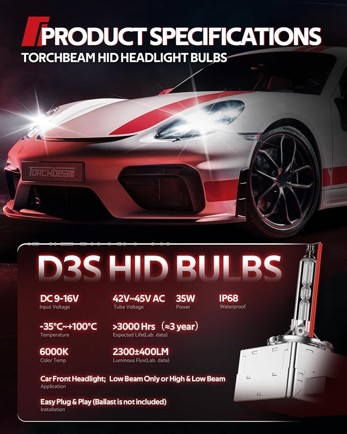 Torchbeam D3S HID Headlights, 400% Brightness HID Bulbs, 6000K Diamond White Xenon Replacement Bulbs, Metal Snap Ring and Base Lights, Pack of 2