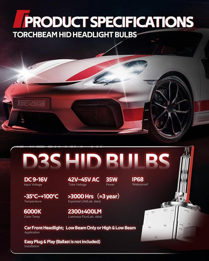 Torchbeam D3S HID Headlights, 400% Brightness HID Bulbs, 6000K Diamond White Xenon Replacement Bulbs, Metal Snap Ring and Base Lights, Pack of 2
