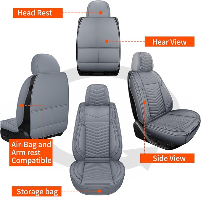 HChengkikz Nappa Leather Car Seat Covers Front Seats, Gray Car seat Protector, Waterproof Car Seat Cushion, Universal Automotive Seat Covers Fit for SUV Truck Pick-up Sedan and Most Cars