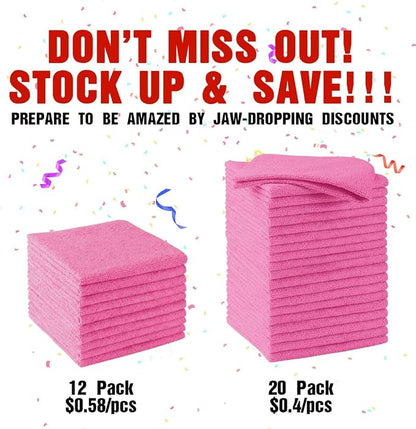 HOMEXCEL Pink Microfiber Cleaning Cloths, 20 Pack Cleaning Rags - Lint Free & Scratch-Free Microfiber Towels for Cars, House & Kitchen, Absorbent Cleaning Towels, 11.5 x 11.5 Inch