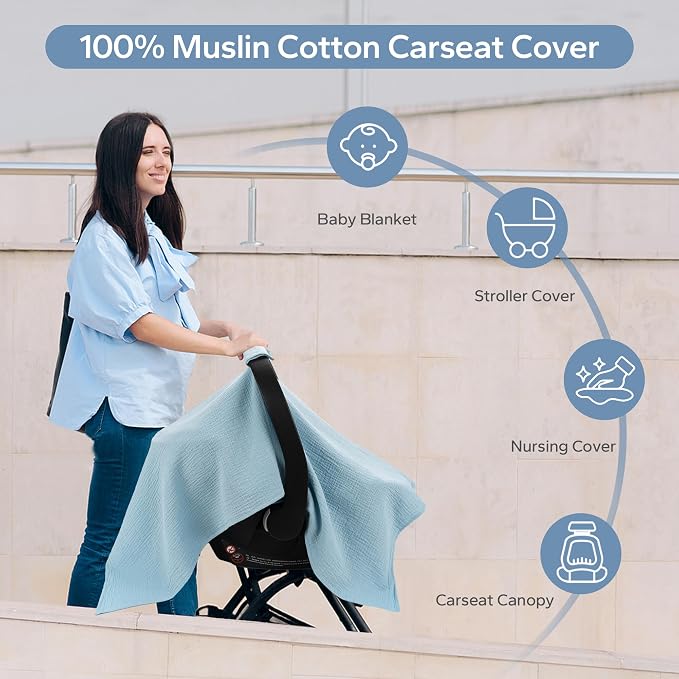 SERAPHY 100% Muslin Cotton Car Seat Cover Baby, Universal Carseat Covers, Breathable Baby Car Seat Canopy for Boys Girls, Soft Infant Car Seat Cover for Summer —Blue