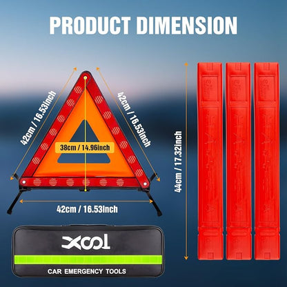XOOL Warning Triangle, Emergency Warning Triangles for Vehicles, Reflective Triangle, Emergency Warning Reflector Safety Triangle Kit with Carry Case, 3-Pack