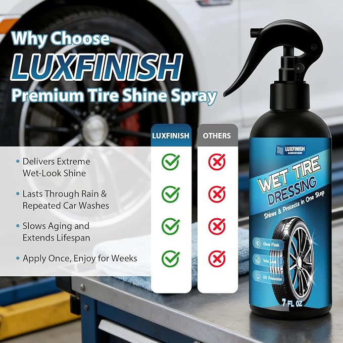 Tire Shine Spray – High Gloss Wet Look with UV Protection, Deep Black Finish for Tires & Trim, Long Lasting Car Tire Dressing for Cars Trucks SUVs Motorcycles RVs, 7oz