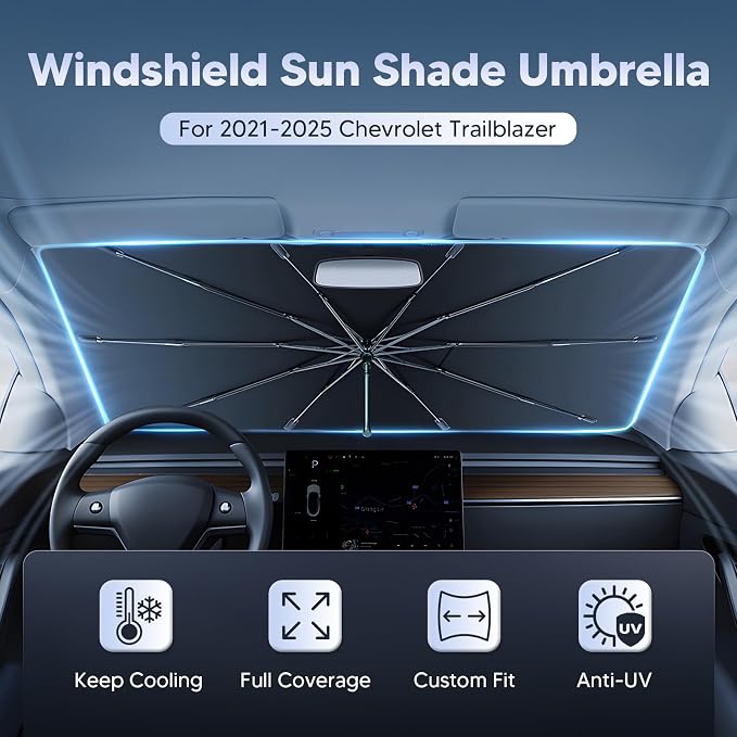 Autorder Windshield Sun Shade Umbrella for 2021-2026 Chevy Chevrolet Trailblazer Accessories,Upgraded Ice Crystal Material,Easy Setup Umbrella Sunshade for Car Windshield,100% Sun Blocking