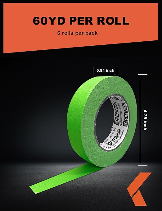 KREFINISH Painters Tape for Car Paint Green No Residue Automotive Masking Tape for Automotive Painting - Heat Resistant for Paint Booth,0.94 Inches X 60 Yards, 6 Rolls
