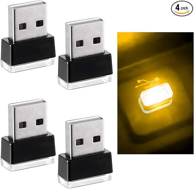 Augeny 4 PCS USB LED Car Interior Atmosphere Lamp, Plug-in USB Decor Night Light, Portable Auto Ambient Lighting Kit, Universal Vehicle Interior Accessories for Most Cars (Yellow)