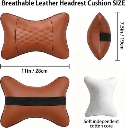 Car Pillow for Car Neck Pillow for Driving Seat Leather Neck Support Soft Cushion Support Head-Rests for Vehicle Sleeping with Elastic Adjustment Strap 2PCS (Neck, Cognac)