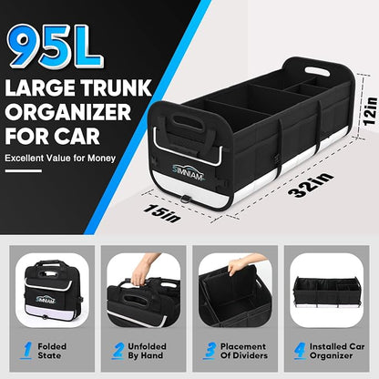 Simniam Large Car Trunk Organizer - with 5 Compartments Trunk Organizers and Storage SUV, Reinforced Handle, Securing Straps, Trunk Organizer Available for Car, SUV, Truck, Minivan
