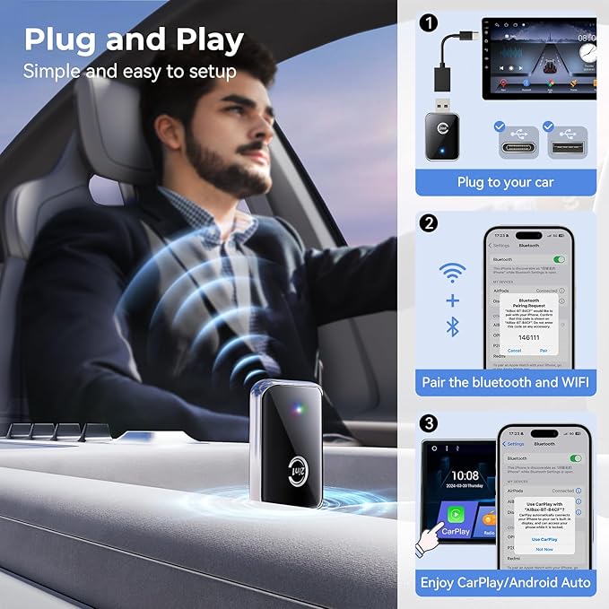 Wireless Carplay Adapter for iPhone, 2 in 1 Plug and Play Mini CarPlay and Android Auto Adapter for iOS 10 Android 11 and Above, Convert Wired Car Play to Wireless