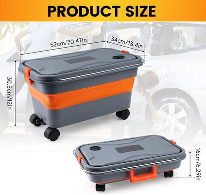Collapsible Bucket 5.8 Gallon for Car Washing with Wheels, Drain Plug, Universal Connectors for Cordless Pressure Washer, Foldable Car Wash Bucket for Car,Mop Cleaning, Camping, RV, Pet Bath