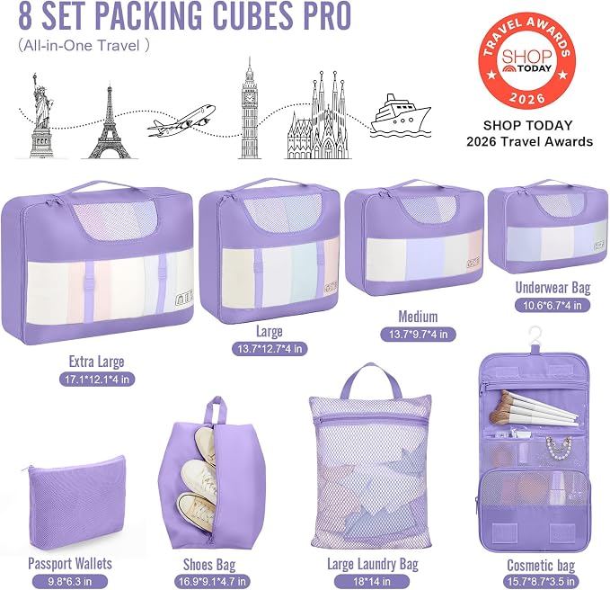 Veken 8 Set Packing Cubes for Travel Essentials,Anti-Wrinkle Buckled Suitcase Organizer for Shoe & Toiletry Bag,Carry On Luggage Bag with 99+ Count Mesh Holes for Airplane & College Dorm Accessories