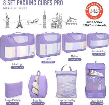 Veken 8 Set Packing Cubes for Travel Essentials,Anti-Wrinkle Buckled Suitcase Organizer for Shoe & Toiletry Bag,Carry On Luggage Bag with 99+ Count Mesh Holes for Airplane & College Dorm Accessories