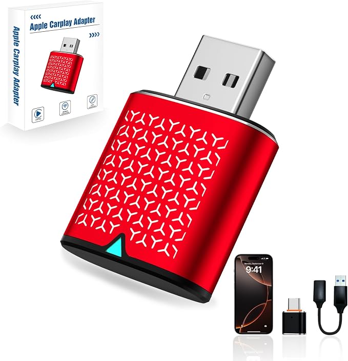 Mini Wireless Carplay Adapter for iPhone - Carplay Wireless Adapter Car Play Dongle Bluetooth, Compatible with iPhone iOS 10+, Stable & No Delay, Red