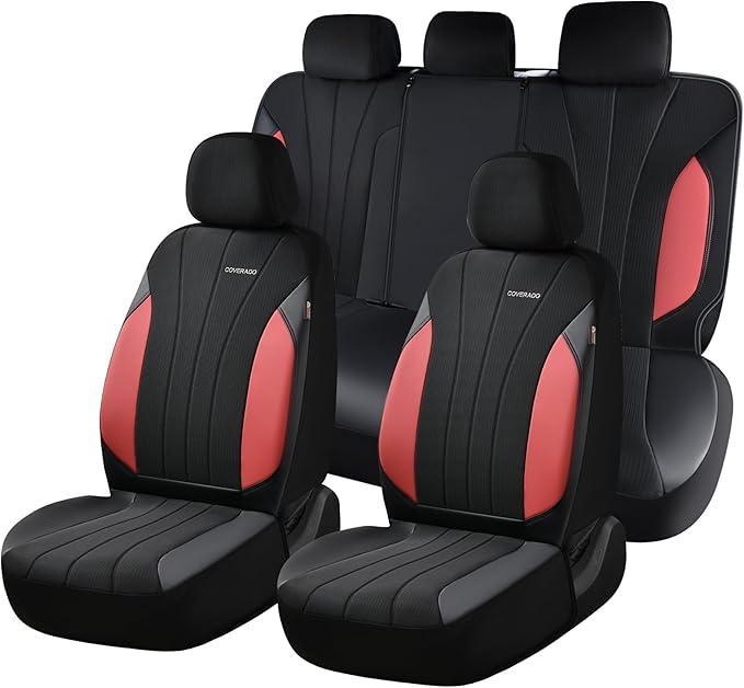Coverado Seat Covers Full Set, Automotive Car Seat Protectors 5 Seats, Red Driver Protectors Universal Fit for SUVs, Trucks, Sedans,Car Accessories