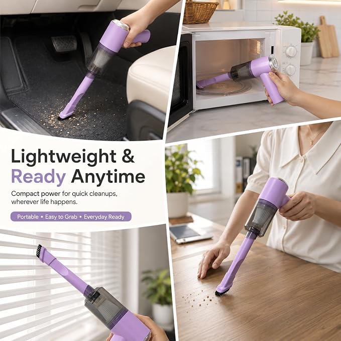 catsMeow Mini Handheld Vacuum Cordless, Lightweight Portable Vacuum Cleaner for Home, Car, Desk, Keyboard, Sofa and Crumbs, USB Rechargeable Small Vacuum with Washable Filter, Stylish Lavender Purple