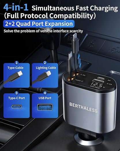 BERTHALESS Retractable Car Charger, 4 in 1 Fast Charging Car Charger with USB-C & USB-A, Compatible with iPhone 17/16/15/14/13/12/11,Galaxy,Pixel,Car Accessories Gifts for Fathers Day,Husband,Men,Dad