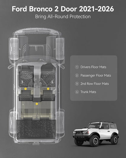 3W Floor Mats & Cargo Liner Fit for 2021-2025 2026 Ford Bronco 2 Door All Weather TPE Car Accessories Custom Fit Floor Liner and Full Set Car Mats (Not for Bronco Sport & Rubberized Floor)