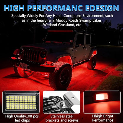 Nicoko 108 High-Power LEDs per Pod 4Pods Red Rock Lights Ultra-Bright Offroad Underglow Kit Advanced Heat Dissipation IP68 Waterproof for Truck, SUV, UTV, ATV, RZR