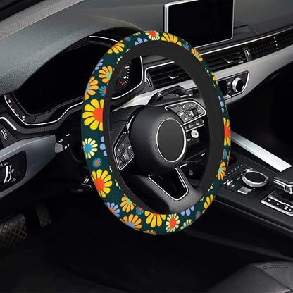 Hippie Flower Steering Wheel Cover, Anti-Slip 15 Inches Car Steering Wheel Cover for Women Men, Neoprene Floral Car Accessories Protective Case for Vehicle Truck SUV