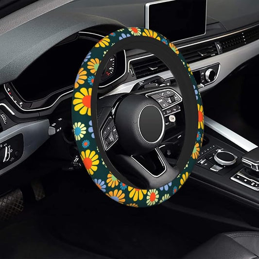 Hippie Flower Steering Wheel Cover, Anti-Slip 15 Inches Car Steering Wheel Cover for Women Men, Neoprene Floral Car Accessories Protective Case for Vehicle Truck SUV