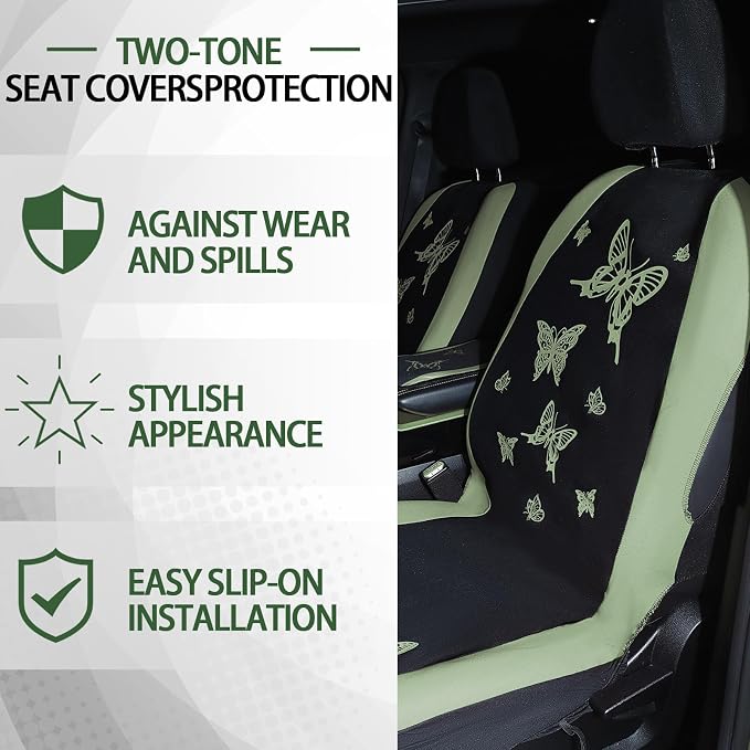 BBTO 43 Pcs Butterfly Car Seat Full Set Butterfly Car Accessories for Women 5 Front Rear Seat Covers Wrist Strap 2 Pcs Cup Mat Armrest Pad 2 Belt Xmas Cover Accessories for SUV(Green, Black)