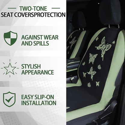 BBTO 43 Pcs Butterfly Car Seat Full Set Butterfly Car Accessories for Women 5 Front Rear Seat Covers Wrist Strap 2 Pcs Cup Mat Armrest Pad 2 Belt Xmas Cover Accessories for SUV(Green, Black)