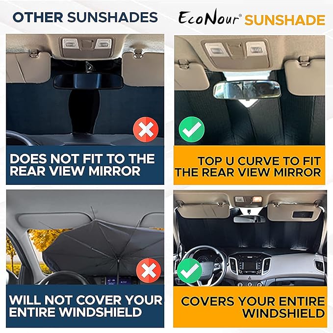 EcoNour Accordion Windshield Sun Shade for Jeep Wrangler | Car Shade Front Windshield Designed for Jeep Wrangler| Dashboard Sun Visor for UV and Heat | XS 53 x 17 inches
