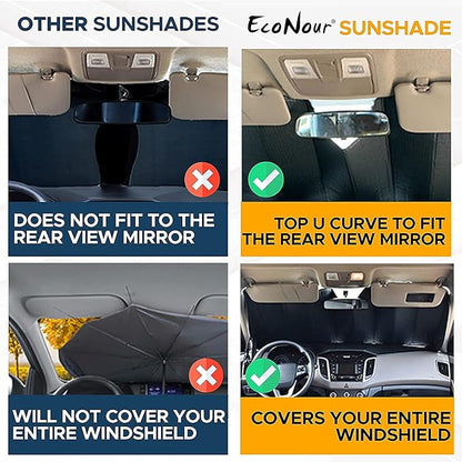 EcoNour Accordion Windshield Sun Shade for Jeep Wrangler | Car Shade Front Windshield Designed for Jeep Wrangler| Dashboard Sun Visor for UV and Heat | XS 53 x 17 inches