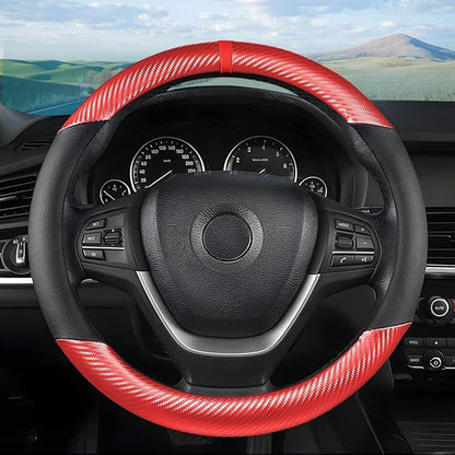 Moly Magnolia Steering Wheel Cover, Carbon Fiber Breathable Microfiber Leather with Non-Slip Lining, Cool in Summer Warm in Winter for Men Women, Universal 15 Inch for Most Cars (Carbon Fiber Red)