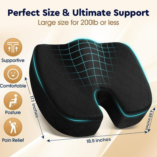 TushGuard Seat Cushion - for Office Chair, Car Seat, Airplane, Bleacher - Sciatica & Coccyx Pain Relief Desk Chair Cushion for Long Sitting Office Workers, Car Drivers(Black, XXX-Large)