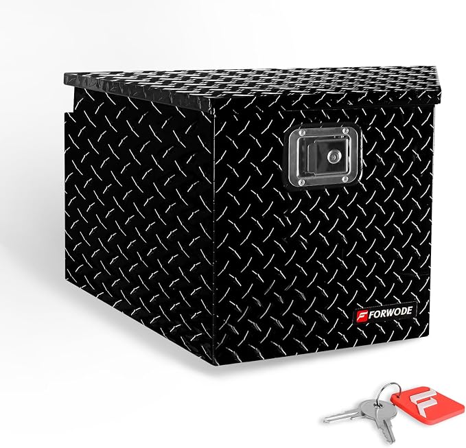 FORWODE Trailer Tongue Box 33 Inch Aluminum Tongue Tool Box Lockable Trailer Tool Chest with Gas Strut, Secure Diamond Plate Truck Tongue Tool Box for Trailer, Truck Bed, Pickup & RV Storage (Black)
