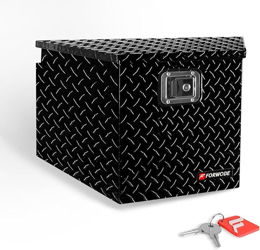FORWODE Trailer Tongue Box 33 Inch Aluminum Tongue Tool Box Lockable Trailer Tool Chest with Gas Strut, Secure Diamond Plate Truck Tongue Tool Box for Trailer, Truck Bed, Pickup & RV Storage (Black)