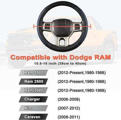 West Llama Customized Auto Car Steering Wheel Cover for Dodge RAM 1500 2500 3500, 15.5-16 inch (Diamond Quilted-Black+Blue-Large Size)