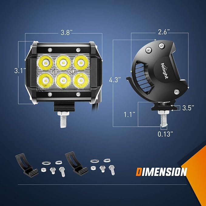 Nilight 2PCS 4 Inch 18W Spot led Pods Universal Adjustable Pillar Hood Led Work Light Mount Bracket with Off Road Wiring Harness-2 Leads