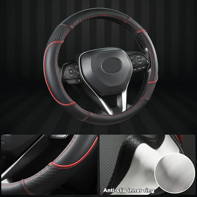 GIANT PANDA Steering Wheel Cover for Toyota, Auto Car Steering Wheel Cover for Toyota Highlander 4Runner Tacoma Corolla Camry - Black+Red Trim