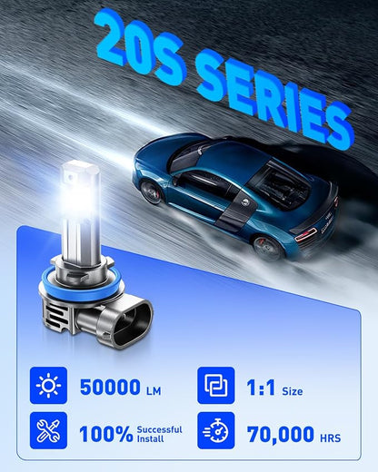 AUTOONE H11 LED Bulbs, 50000LM 1200% Ultra-Bright, 6500K White Real 1:1 Mini Size H8 H9 Halogen Replacement Accessory Fog Light, Non-Polarity Plug and Play, Pack of 2