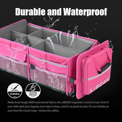 LIBZAKI Oversize 4 in 1 Car Trunk Storage Organizer, Multi Compartment Collapsible Trunk Storage Box with Cooler Bag for Car Truck SUV-Rose red