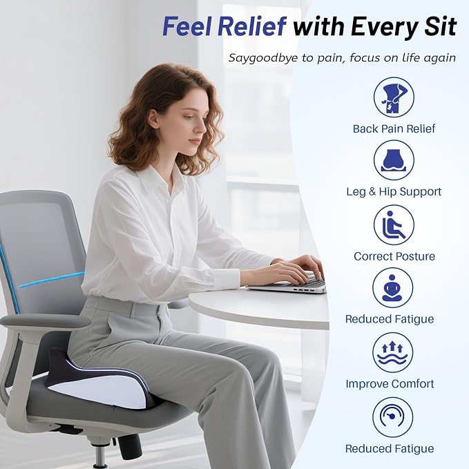 Extra Large Seat Cushion for Tailbone Pain Relief, Ergonomic Office Chair Cushion, Memory Foam Coccyx Cushion, Relief Sciatica and Back Support, Orthopedic Pillow