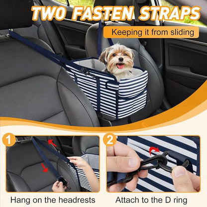 Portable Dog Car Seat for Small Dogs - Adjustable Safety Leash, Washable Cushion & Storage Pocket - Pet Booster Seat for Car Travel- Blue Stripes