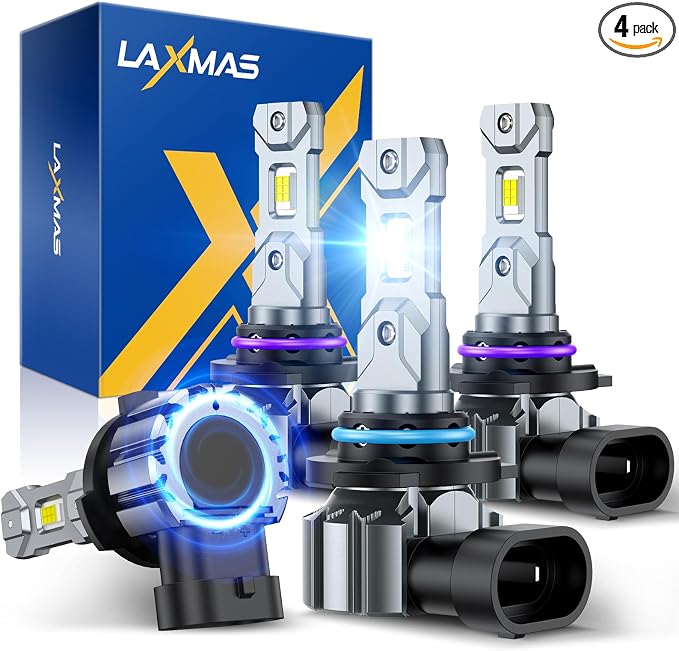 Laxmas HB3 and 9006 Bulbs Combo 56,000LM Brightest Fog Light, Wider Driving Vision, 6500K Cool White, 9005 and HB4 Driving Bulbs, Plug and Play, Pack of 4
