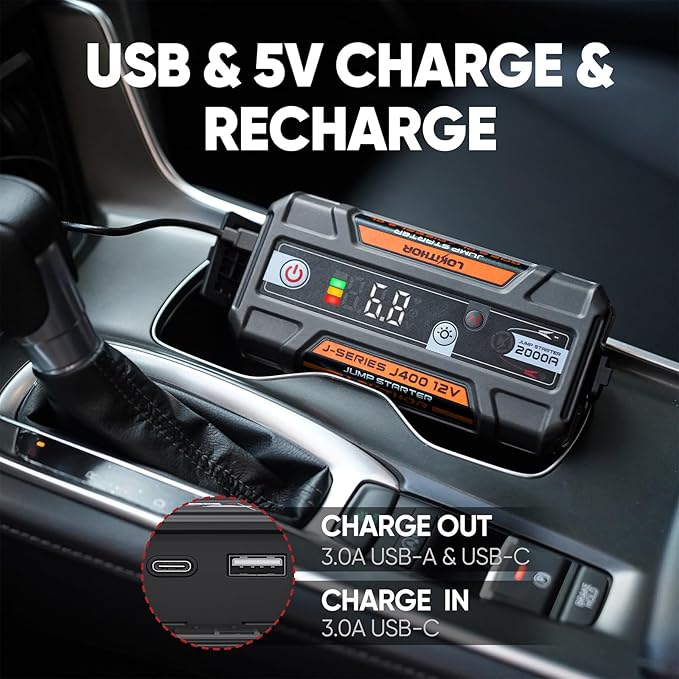 LOKITHOR J400 2000A 12V Portable Lithium Jump Starter, Car Battery Booster Pack, USB-C Powerbank Charger, and Jumper Cables for Upto 8.0-Liter Gas and 6.0-Liter Diesel Engines