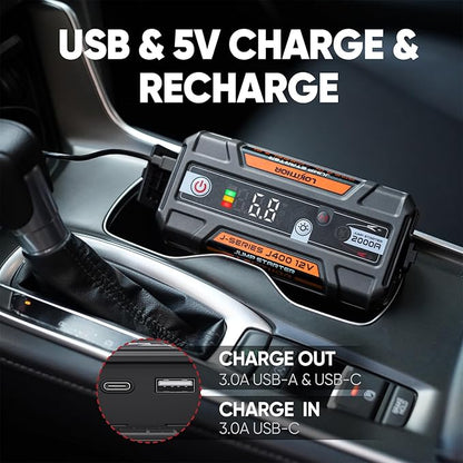 LOKITHOR J400 2000A 12V Portable Lithium Jump Starter, Car Battery Booster Pack, USB-C Powerbank Charger, and Jumper Cables for Upto 8.0-Liter Gas and 6.0-Liter Diesel Engines