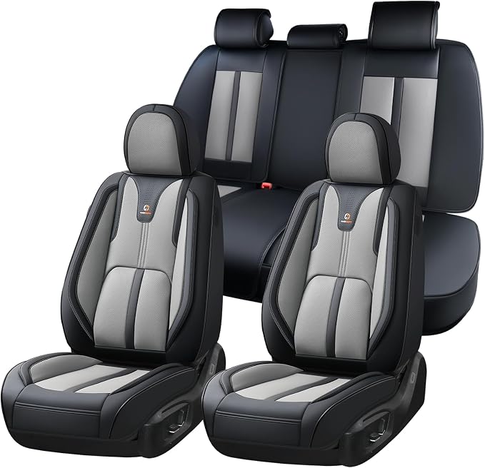 Huidasource Universal Car Seat Cover Luxury Nappa Leather, Car Seat Cover Set with Velcro Adjustable, Airbag, Lumbar Support, Cooling＆Heating, Seat Covers Fit for Most Cars SUV Trucks, Black＆Gray