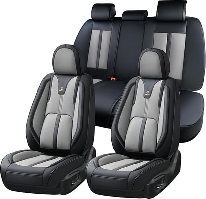Huidasource Universal Car Seat Cover Luxury Nappa Leather, Car Seat Cover Set with Velcro Adjustable, Airbag, Lumbar Support, Cooling＆Heating, Seat Covers Fit for Most Cars SUV Trucks, Black＆Gray