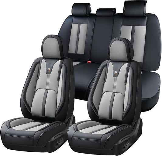 Huidasource Universal Car Seat Cover Luxury Nappa Leather, Car Seat Cover Set with Velcro Adjustable, Airbag, Lumbar Support, Cooling＆Heating, Seat Covers Fit for Most Cars SUV Trucks, Black＆Gray
