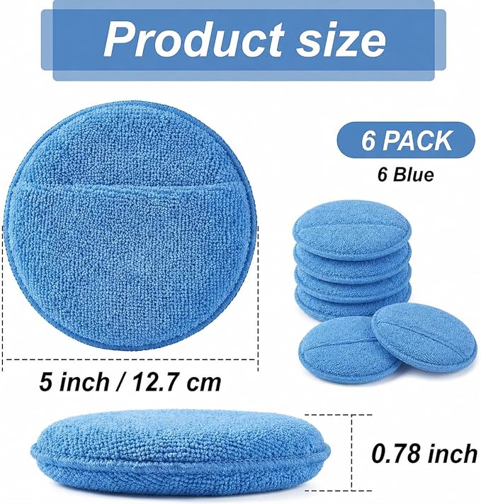 Wax Applicator Pad (6 Pack)，5 Inch Microfiber Wax Applicator Pads，Washable Reusable Car Wax Applicator Buffing Pads for Car Cleaning, Polishing and Detailing（Blue）