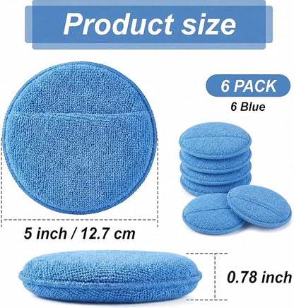 Wax Applicator Pad (6 Pack)，5 Inch Microfiber Wax Applicator Pads，Washable Reusable Car Wax Applicator Buffing Pads for Car Cleaning, Polishing and Detailing（Blue）