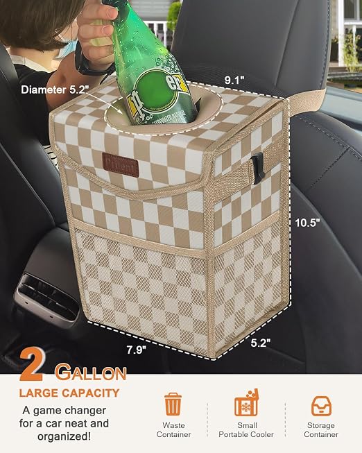 Pritent Car Trash Can with Lid, Cute Leakproof Car Trash Garbage Bag Hanging Vehicle Trash Bin Small Portable Automotive Garbage Cans Organizer for Back/Front Seat(Trapezoid,Khaki Checkered)