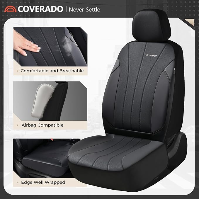 Coverado Automotive Front and Rear Seat Covers, Car Seat Covers Full Set, Leather Car Seat Covers Full Set 5 Seats, Airbag-Compatible, Spill-Proof Design, Black Seat Covers for SUV Sedan Truck